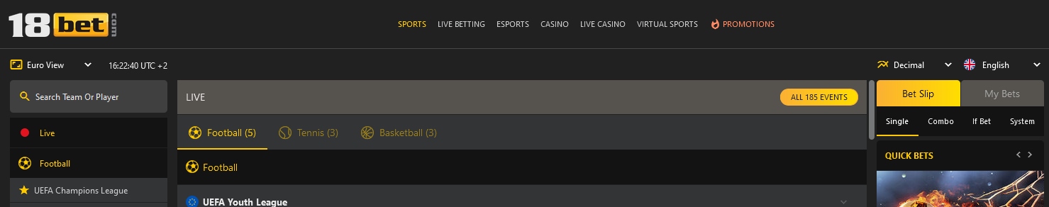 Bandeau du haut du site 18bet